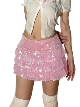 Женские облегающие мини-юбки с блестками, короткая юбка с запахом, блестящие праздничные наряды, юбка для выступлений (многоуровневая