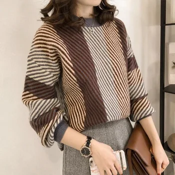 Модный полосатый вязаный свитер, женские весенне-осенние свободные пуловеры с круглым вырезом, корейский модный студенческий шикарный свитер, теплая уличная одежда