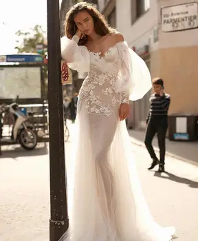 Сексуальное свадебное платье Русалки с открытой спиной, Прозрачный рукав-фонарь, Кружевной цветок, Рыбий хвост, свадебные платья для женщин, Vestidos