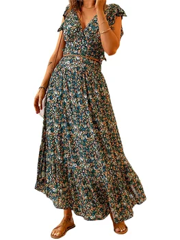 Женская летняя одежда Awoscut из 2 предметов, укороченные топы с V-образным вырезом и рукавами с оборками и Длинная юбка Макси в цветочек, Праздничная Пляжная одежда