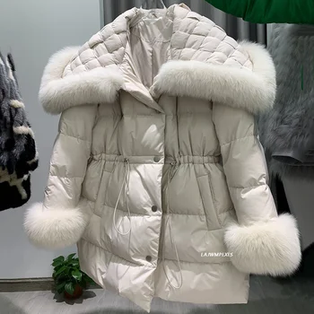 Настоящее Зимнее Женское пальто из Лисьего 90% Белого Утиного Пуха 2023 года, Женская Толстая теплая куртка-пуховик с крупным натуральным мехом