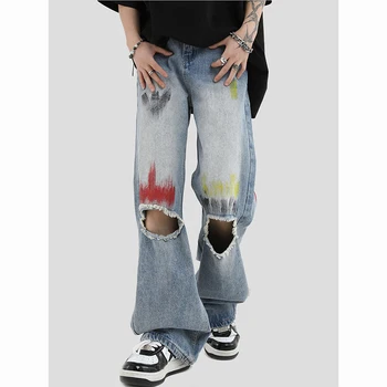 Уличная одежда, Винтажные Рваные джинсы в процессе покраски, женские Летние мешковатые брюки в стиле хип-хоп с высокой талией, прямые джинсовые брюки в стиле ретро