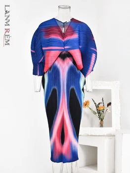 LANMREM Модное Плиссированное платье с принтом Для Женщин, V-образный вырез, Рукава 