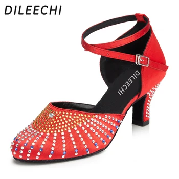 DILEECHI Irene / туфли для латиноамериканских танцев; женские атласные танцевальные туфли с бриллиантами; квадратные женские танцевальные туфли; обувь для бальных танцев