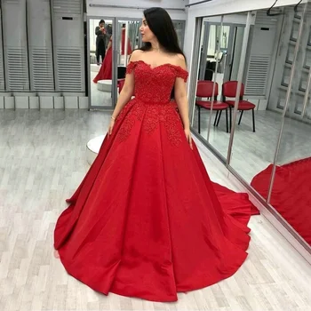 Красные атласные арабские платья для выпускного вечера с открытыми плечами, Женские вечерние платья, Элегантные вечерние платья трапециевидной формы с аппликациями, Длинное вечернее платье