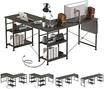 Письменный стол в форме угла, 95-дюймовый реверсивный домашний офисный стол с полками для хранения, большой компьютерный игровой стол с электрической розеткой,