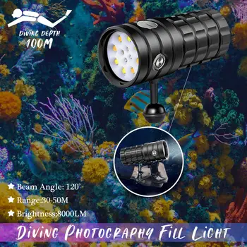 Свет для фотосъемки 120 ° Широкоугольный Подводный 16000LM 100M IPX8 Водонепроницаемый Заполняющий Свет USB Перезаряжаемый Подводный Фонарь для дайвинга