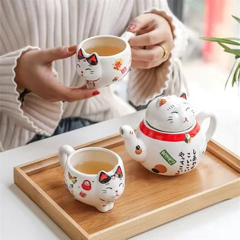 Керамический Кофейно-Чайный Сервиз Японский Счастливый Кот Фарфоровые Наборы Чайной Посуды Бытовой 1 Горшок 2 Чашки Посуда Для Питья Чайник Барные Принадлежности Для воды