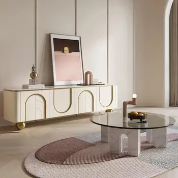 Шкафы в кремовом стиле с большим объемом хранения, ножки из нержавеющей стали с золотым шаром, Прессованные Дверцы, Лаконичная подставка для мебели для гостиной