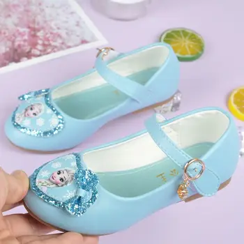 Обувь для девочек Disney, Весенне-зимняя обувь принцессы Эльзы, Детская обувь для девочек, Детская кожаная розово-голубая обувь, Размер 24-33