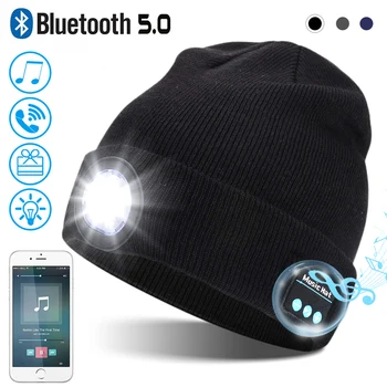 Bluetooth Шапочка-бини с легким перезаряжаемым налобным фонариком, Вязаная шапка с ночным освещением, фонарик для мужчин/женщин, беспроводные наушники