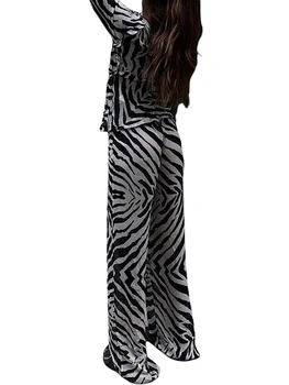 Шикарные наряды для женщин из 2 предметов, Стильный Топ с леопардовым принтом с длинным рукавом и V-образным вырезом, удобные широкие брюки на завязках, комплекты одежды для отдыха