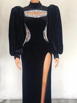 Черное бархатное длинное женское платье Totti с рукавом-фонариком и высоким разрезом сбоку, элегантная одежда для вечеринки, сценический костюм для ночного клуба