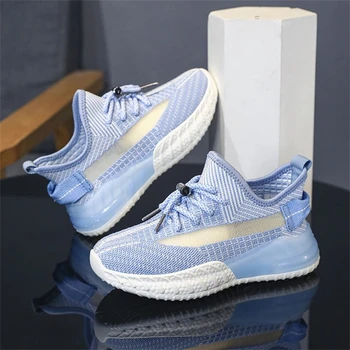 Синие Новые детские повседневные кроссовки для бега, Модные кроссовки для мальчиков, нескользящая летняя дышащая детская спортивная обувь из сетки