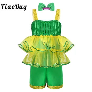 Детское спортивное платье с блестящими пайетками для девочек, Зеленое Балетное трико Без рукавов, комбинезон для латиноамериканских джазовых танцев