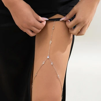 IngeSight.Z Богемная эластичная лента с кристаллами, цепочка на ногу, бедро, для женщин, Сексуальная простая металлическая цепочка серебристого цвета, украшения для тела, платье