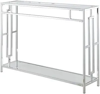 Квадратный хромированный консольный столик с полкой, стекло /хром