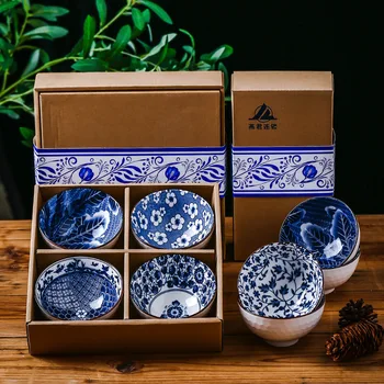 Набор бело-голубых фарфоровых чаш в японском стиле Подарочная коробка Керамическая посуда Набор подарочных чаш для активного отдыха