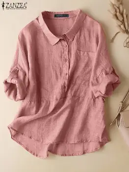 2023 ZANZEA Женская Модная Блузка с длинным рукавом, Женская Однотонная рубашка с отворотом, Осенние Элегантные Свободные Блузы, Повседневная Уличная сорочка