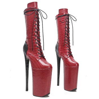 Leecabe 26 см/10 дюймов, верх из искусственной Кожи красного цвета с черным, пикантные экзотические вечерние туфли на платформе и высоком каблуке, ботинки для танцев на шесте