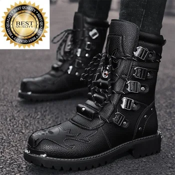 Модные черные мужские мотоциклетные высококачественные ботинки, Большой размер 46, кожаные ботинки на платформе, на шнуровке, для botas hombre